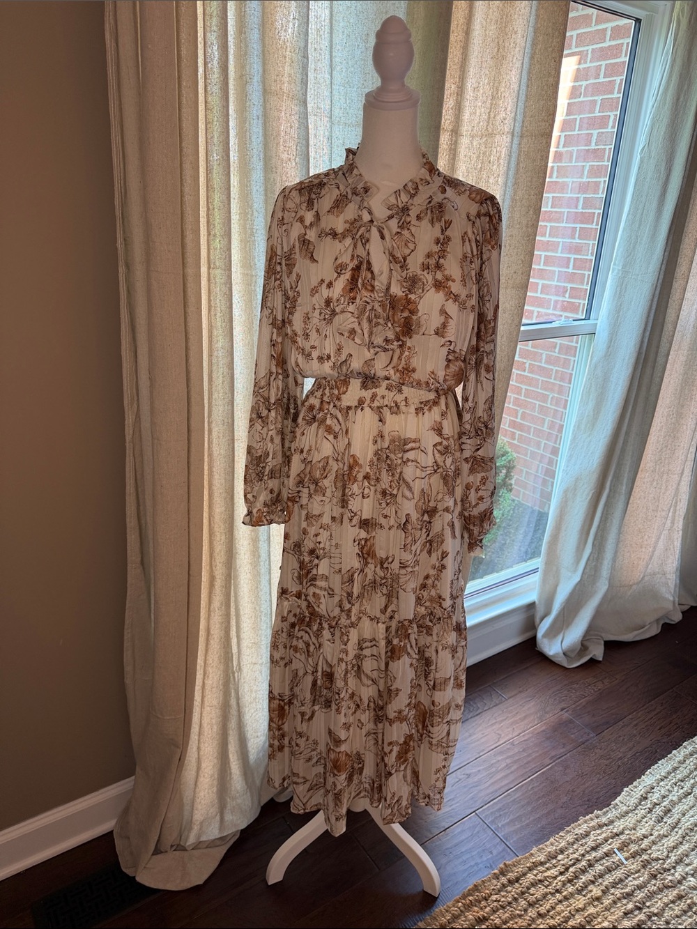 Umgee Cream Floral Long-Sleeve Ruffle Tie-Neck Dress